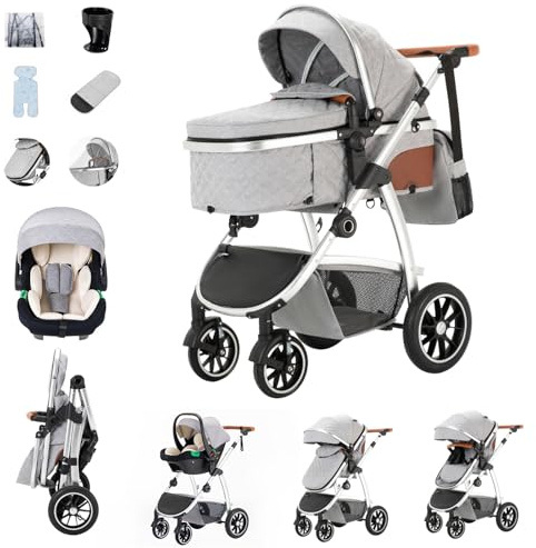 Zkiprm 3 in 1 Kinderwagen, Reisesystem, Buggy & Sportsitz, Höhenverstellbare Armlehnen und Kinderwagen mit Aluminiumgestell/Mumientasche/Moskitonetz/Baumwollmatte, für Neugeborene 0-4 Jahre