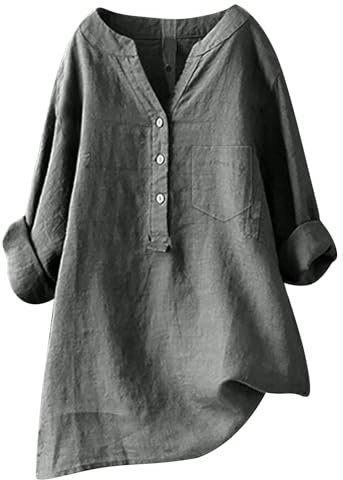 Tee Shirt Femme Coton Chemise Ample en Lin uni pour Femme, Haut à Manches Longues et col Mandarin boutonné Tee Shirt Long Rose Basique Hauts Coupe Classique Ample Blouses Léger T-Shirts