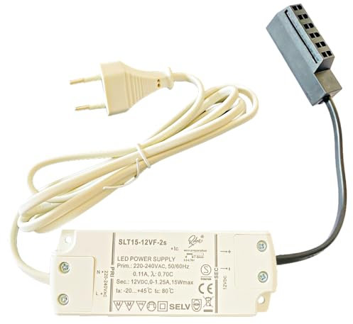 LED Transformator 12V DC | 0-15W | 1,25A | Stabilisierte Spannung | 6-fach AMP-Verteiler | 15cm Ausgangsleitung | 1,5m Anschlussleitung mit Eurostecker | Kompakt Abmessung | Ideal für LED-Beleuchtung