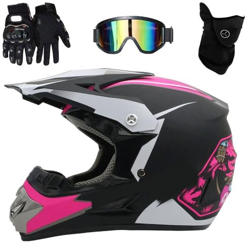 Casque de Motocross IntéGral, Avec Lunettes, Gants, Masque, éQuipement de Protection Pour Jeunes Enfants, VTT, BMX, Quad, Dirt Bike(Pink ghost head,M(54-55cm))