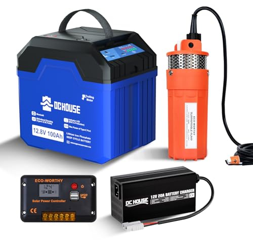 DCHOUSE Pompe à eau avec jeu de batteries 12 V, pompe submersible, batterie de 100 Ah, régulateur de charge solaire de 20 A, chargeur facile et rapide pour étangs, piscines, bateaux de pêche et