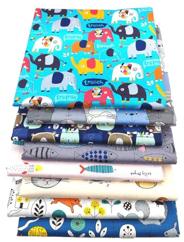 Odot 8 Stück Stoffe zum Nähen, Karikatur Patchwork Stoffe Paket Jacquard Ornament Gobelin Möbelstoff für Quilten DIY Handwerk Scrapbooking, Dekostoffe Handwerken (Elefanten, Katzen,40x50cm)