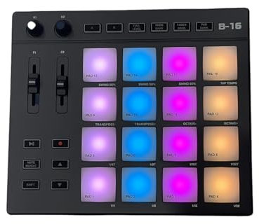 VBESTLIFE Controller MIDI USB con 16 Tamponi, 2 Fader Assegnabili, 2 Manopole Regolabili, Ripetizione Nota, Controller del Tamburo MIDI Portatile