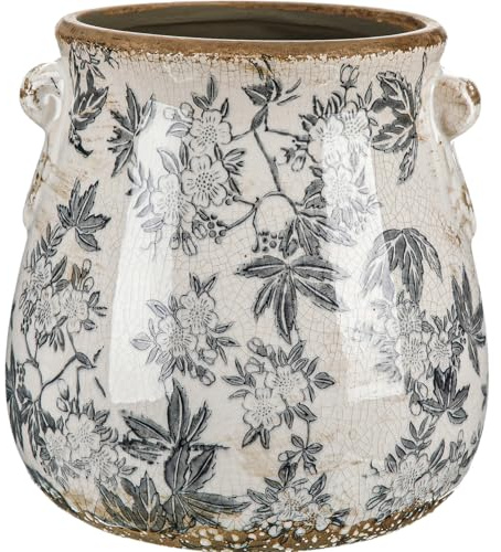 Ninehaoou Ceramic Scroll Planter 6.5 Inch Chinoiserie Floral Vase with Drainage Holes Vintage Flower Vase Flower Pot Rustic Ceramic Pots for Indoor Plants Garden Home Bookshelf Decor(Gray Glaze)