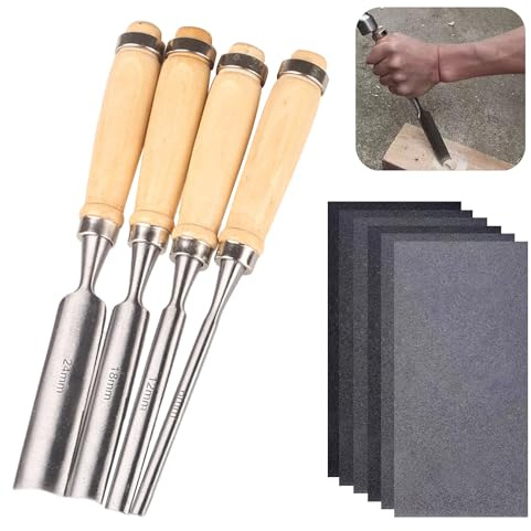 4 Pcs Wood Chisel Set, Chisels Round Hollow Chisel Set with Steel Hammer End and Non Slip Handle, Hand Woodworking Tools for DIY Crafts - 6 mm/12 mm/18 mm/24 mm
