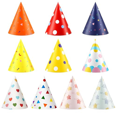 Wozzies 10 Stück Partyhüte für Kuscheltiere, 10 Stile Ø 10 cm Geburtstagshüte, Mini Partyhüte erwachsene, Kegel Party Hüte Mit Elastischer Schnur für Junge und Mädchen, Weihnachten, Geburtstag