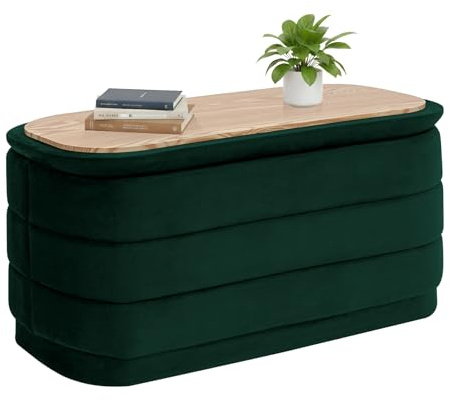 Bonlife Sitzbank mit Stauraum, Samt Klappbare Fußstütze mit Tisch, 76cm | Sitzwürfel mit Deckel, Stilvolle Hocker, Bettende, Fußhocker für Wohnzimmer, Schlafzimmer, Flur, Flaschengrüner, 76x38x38cm