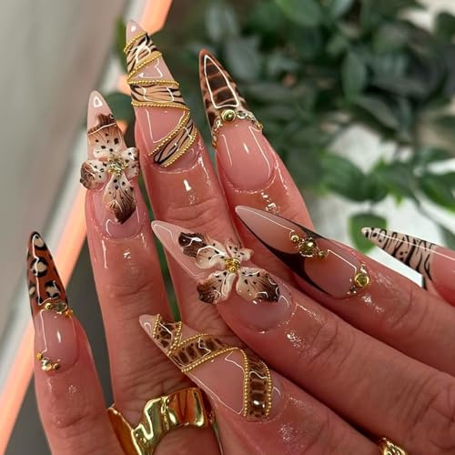Viugex 24 Pièces Press on Nails French, Longue Stiletto Maillard Faux Ongles, 3D Imprimé Léopard Fleurs Artificiels Ongles à Coller, Couverture Complète Acryliques Ongles à Presser pour Femmes