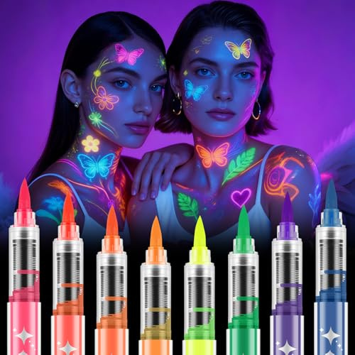 AOOWU Pintura de Cara de Neón Brillante UV, 8 Ceras de Tatuaje de Color, No Tóxico Cera Lápiz UV Neón para Adultos, Colores de Pintura Corporal para Halloween, Mardi Gras, Fiesta de Disfraces