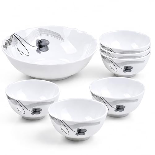 HOMSMYTH Luxury Porcelain Bowl Set of 7 – Marble Pattern Cereal Bowls, Soup Bowls, Rice Bowls & Dessert Bowls, Microwave Safe Dishwasher Safe for Kitchen & Dining Room (Black & White)