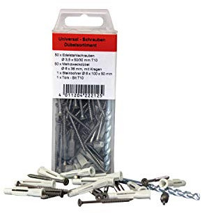 KGM Torx-Schraubenset – aus rostfreiem Edelstahl – Inhalt: 50x Torx-Schrauben / 50x Dübel / 1x Steinbohrer / 1x Torx Bit