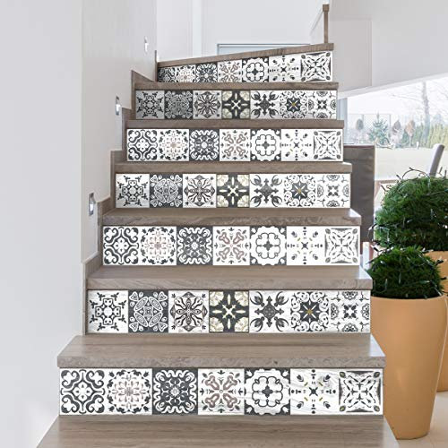 Stickers adhésifs escalier carrelages | Sticker Autocollant contremarche Carreaux de ciment – Stickers contremarche carrelages | Escalier carreaux de ciment adhésif - azulejos – 15 x 105 cm - 4 bandes