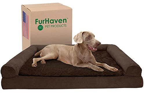 Furhaven Kühlendes Gel-Hundebett für große Hunde mit abnehmbaren Nackenrollen und waschbarem Bezug, für Hunde bis zu 57 kg, Plüsch- und Wildleder-Sofa, Espresso, Jumbo Plus/XXL