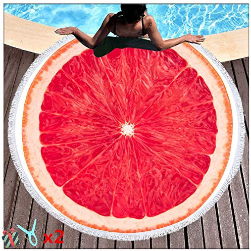 Strandtuch, Morbuy Runde Obst Sunscreen Tuch/Wandteppich/Wickelrock/Runde Yoga-Matte/Tischdecke Handtuch Für Outdoor-Aktivität Und Innen-Dekoration 2 Clips (150cm,Grapefruit)