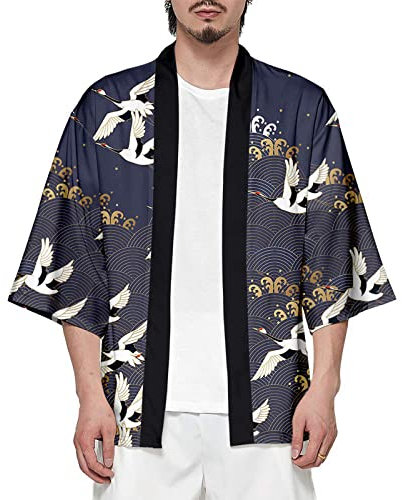 CIZEUR T-Shirt Uomo Cardigan Unisex Elegante Stampato Floreale Maglietta con Tasche Kimono Giapponese Casual Moda Primavera-Estate,CranesXL