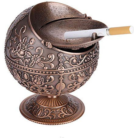 Wifehelper Winddichter Aschenbecher, Vintage Art Craft Portable Tischplatte Metall Aschenbecher mit Deckel Metall Runde Kugel Prägung Muster Dekoration (Rotbronze)