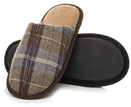 Ajvani Mens Flat Winter Fur Lined Memory Foam Mules Slippers House Shoes Size, Brown Check, 8 UK