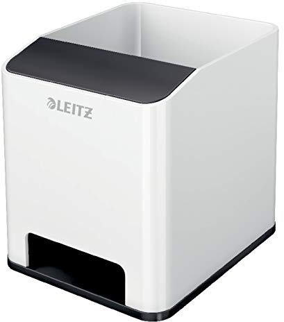 Leitz Sound Stifteköcher mit Soundverstärkungsfunktion, Stiftehalter inkl. Smartphone Fach mit Soundverstärkungsfunktion, Weiß/Schwarz, Duo Colour, WOW, 53631095