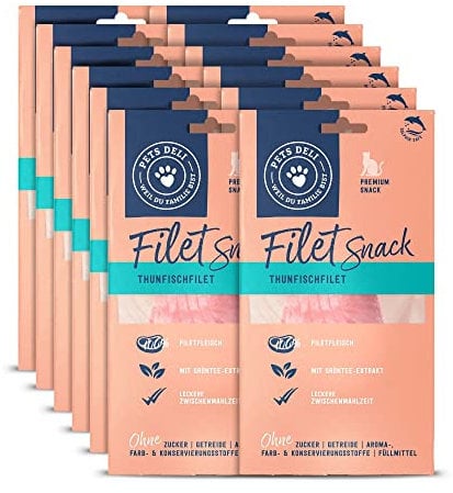 Pets Deli Filetsnack für Katzen mit Thunfischfilet im eigenen Saft und Grüntee ohne Zucker und Gluten 12 x 25g