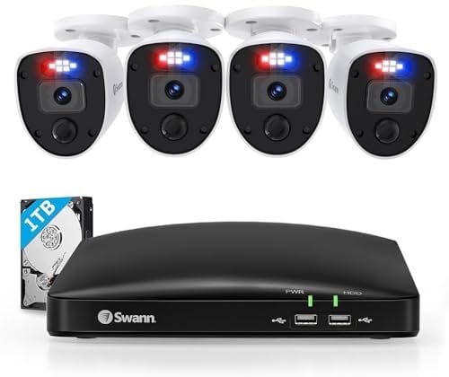 Swann Enforcer Home Security System, 8 Channel 4 Camera DVR CCTV, Wired Surveillance 1080p Full HD + 1TB HDD, Color Night Vision, Red & Blue Flashing Motion Lights, Alexa + Google, SWDVK-846804SL