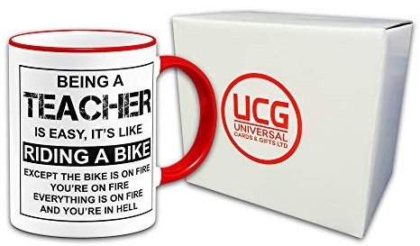 Being A Teacher is Easy Its Like Riding A Bike Novelty Gift Mug - Red Handle & Rim