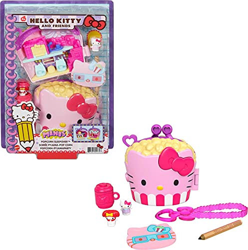Hello Kitty GVB32 - Popcorn-Pyjamaparty (12,5 cm) mit 2 Sanrio Minis Figuren, Notizblock und Schreibwarenzubehör, für Kinder ab 4 Jahren
