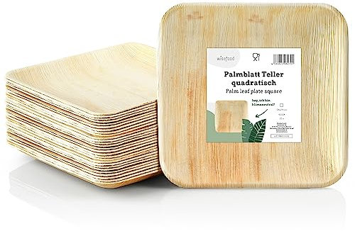 Wiseware - Lot de 25 assiettes à usage unique - En feuilles de palmier - De forme carrée et biodégradables - 24 x 24 cm - Idéales pour les fêtes