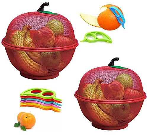 HK Online 2 RED Apple Mesh Fresh Fruits Basket & Ring Citrus Peeler, Fruit Bowl, Decorative Tablepiece -Keep Unwanted Pets, Bugs & Insects Out (2 RED)