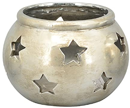 EXNER dekorative Garten-Laterne Tisch-Laterne Garten-Windlicht aus Keramik Silber glänzend Vintage mit Sternmotiv (klein ca. 14 x 14 x 10 cm hoch)