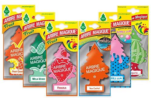 Arbre Magique Mono Parfum de voiture, Variety Pack 9, Fruit Cocktail + Pomme Vert + Fraise + Ibiza Cocktail + Bubble Gum + Pastèque, durée jusqu'à 7 semaines, fabriqué en Italie, lot de 6 pièces