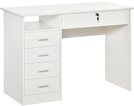 HOMCOM Scrivania per Ufficio e Camera, Scrivania per PC e Computer, in Legno con 5 Cassetti, Piano da Lavoro, 2 Chiavi, Moderna, 110x50x76cm, Bianco