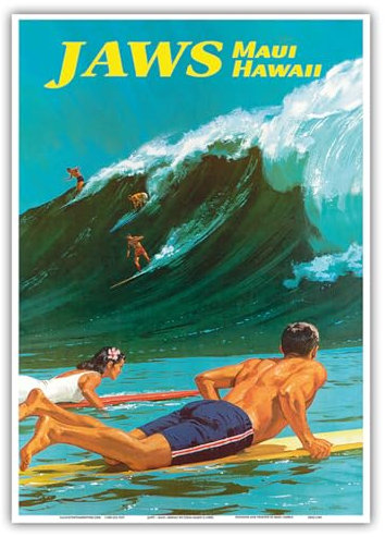 Jaws – Maui, Hawaii – Big Wave Surfing – Vintage-Hawaii-Reiseposter von Chas Allen c.1950s – Meister-Kunstdruck 25,4 x 35,6 cm