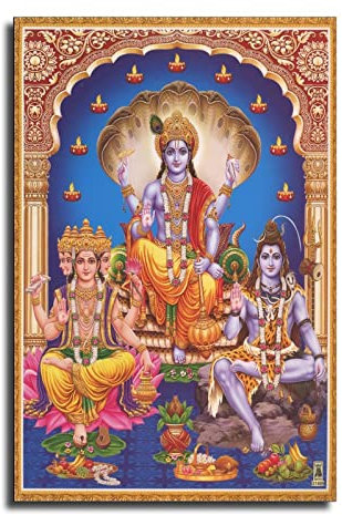Vishnu Art – Vishnu, Brahma und Shiva – Vintage-Stil indischer Hindu-Andachts-Poster, Religion Hinduismus Wandkunst, Hindu-Gott-Poster, Vintage-Stil, religiöse Leinwand, Wandkunst, 30 x 45 cm