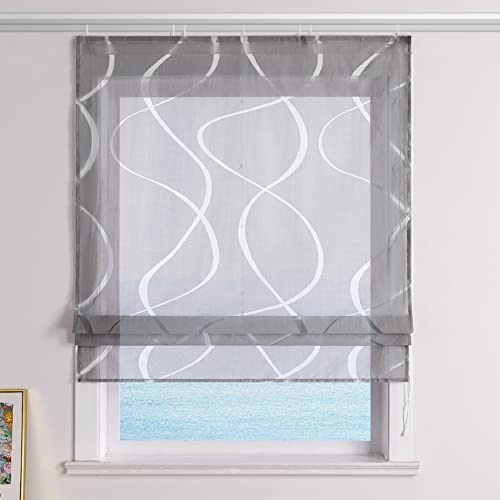 ESLIR Raffrollo Ausbrenner Raffgardine Klettband Wohnzimmer Grau 140x140cm | Gardinen Küche,Transparent,Bändchenrollo Modern,mit Wellen Muster,Fensterrollo innen,1Stück,mit Klettschiene,Voile