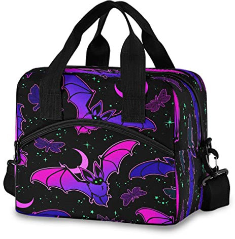 Mnsruu Lunch Bag, Purple Bat Gothic Insulated Lunch Box Cooler with Shoulder Strap School Picnic Snack Water Resistant Thermal, Bottle Holder, PBA Free