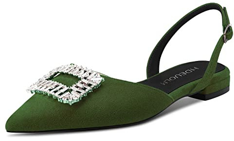 HDEUOLM Donna Chunky Blocco Basso Tacco Heel a Punta Scarpe Basse Slingback Diamante Cristallo Ballo Dress Scarpe Verde Scuro A 35 EU