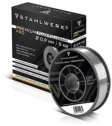 STAHLWERK Filo animato FLUX - E71T-GS 0,9 mm, bobina di filo da 5 kg D200, bobina di filo per mandrino da 50 mm, filo di saldatura premium, filo di apporto, filo di saldatura universale