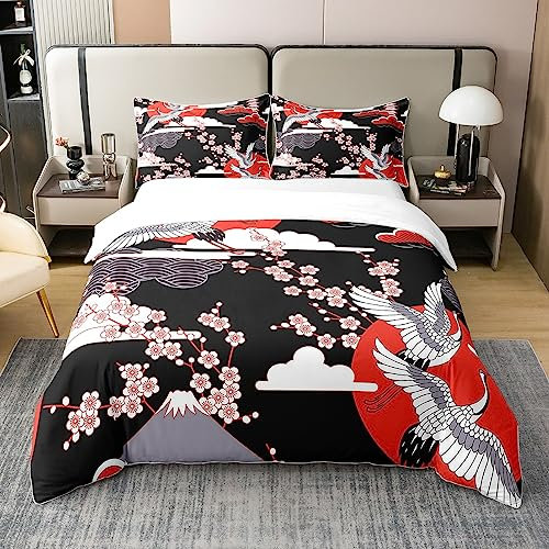 Kranich 100% Baumwolle Bettbezug 200x200 Japanischer Bettwäsche Set Kirschblüten Muster Frauen Mädchen Tröster Abdeckung Japanische Traditionelle Muster Dekor Tröster Set mit Reißverschluss Krawatten