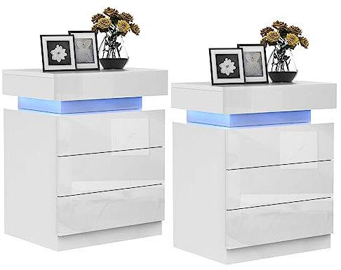 Lvhcmfohm Nachttisch Weiß 2er Set, Nachtschrank mit Led Licht, Nachtkommode mit 3 Schubladen und Schränke mit Klappdeckel für Wohnzimmer, Schlafzimmer (45x35x61cm)