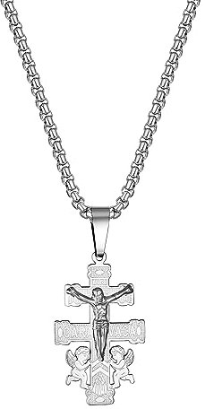 Flongo Kreuz Halskette mit Caravaca Doppelkreuz Jesus Engel Anhänger Gold Silber Kette Edelstahl Kruzifix Cross Necklace Amulett Vintage Christlicher Schmuck für Damen Herren