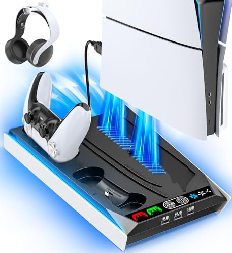 Soporte para PS5/Pro/Slim y Refrigeración para PS 5 Disc & Digital, Cargador para PS5 & Edge Mando, Ventilador Playstation 5 de 3 Velociadades 3 USB HUB