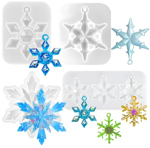 Auswalar 4 PCS Christmas Snowflake Pendant Mold, Silicone Resin Ornament Molds, Cute Christmas Molds With Hanging Hole for Xmas DIY Jewelry Pendant Charms, White