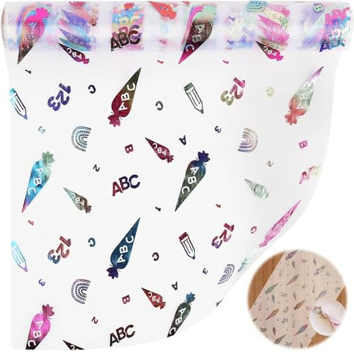 Gcffom Tischläufer, Tischläufer für Einschulung, Schuleinführung Schulanfang Deko, Organza Tischdecke, Tischband mit Zuckertüten 123 ABC Motiv Schule 450 x 28 cm für Einschulung Deko