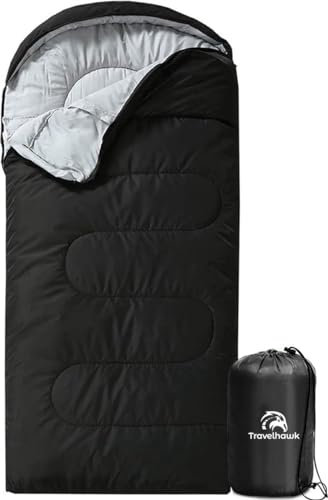 TravelHawk Schlafsack 210 x 75 - Deckenschlafsack 3-4 Jahreszeiten für Outdoor, Camping, Reise Hüttenschlafsack Reisedecke Sleeping Bag Sommerschlafsack Tragbar Ultraleicht mit Tragetasche - Schwarz