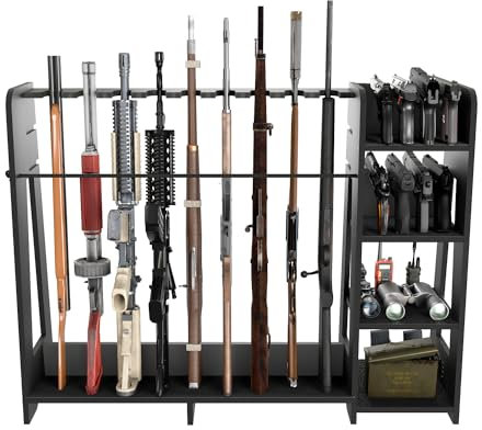 Prometis Soporte de madera para rifle con estantes para pistolas, soluciones de almacenamiento de altura ajustables y soporte de pantalla para sala de armas, soporta hasta 9 armas largas y 8 pistolas