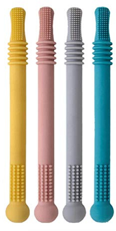 4 stycken ihåliga bitringsrör, babytänder, bitrör, tuggkedja för barn, mjuka texturer, molarstav för spädbarn och småbarn