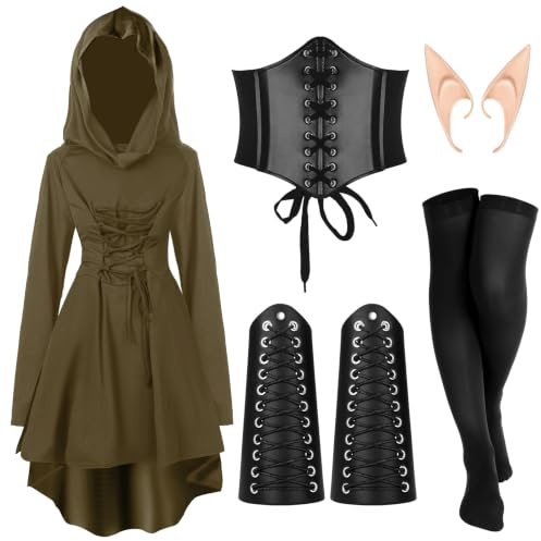 Jeyiour Renaissance-Feenkostüm-Set für Damen, mittelalterlich, mit Kapuze, Elfenohren, Zubehör für Halloween, Cosplay, Armeegrün, Größe S, 5-teilig