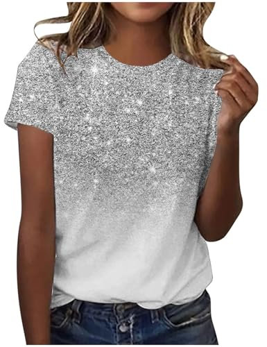 Glitzer Oberteile Damen Party Elegant Tshirt Sommer Lässig Tunika Tops Rundhals Mode Kurzarm Shirt Vintage Pailletten Sommershirts Casual Sport Laufshirt Vintage Leicht Bluse Longshirt