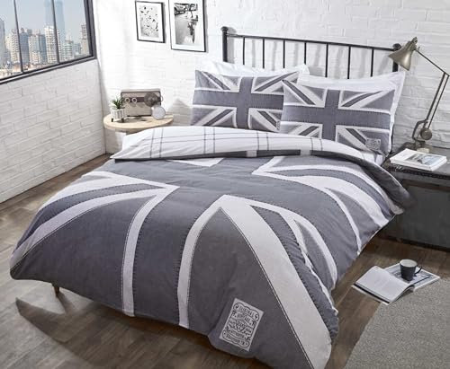 Charlotte Andersen Grey Black Union Jack Bedding King Duvet Cover Set Polycotton (King (U.K. Standard))