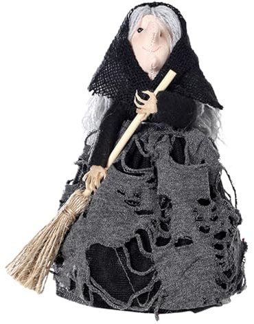 Anulely Witch on Broom Halloween Doll | Witch Doll with Broom | Halloween Decoration Realistic Props Halloween Doll
